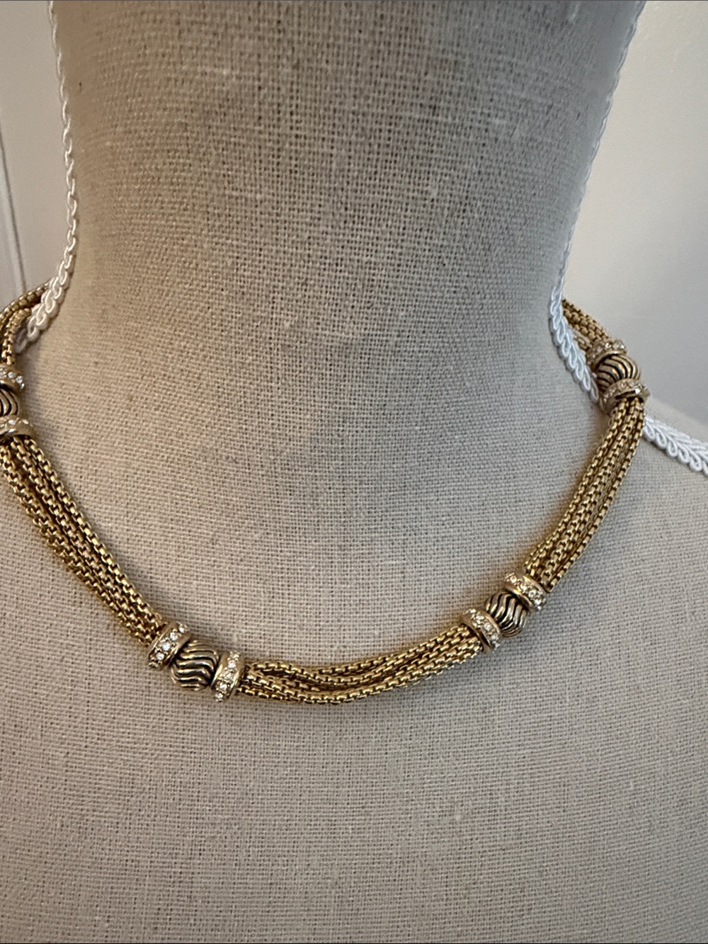 Elegant Gold-Tone Multi-Strand Mesh Necklace with Accent Rings